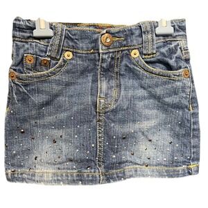 Kids Size 4 Denim‎ Skirt Rhinestone Embellished Yellow Stitching